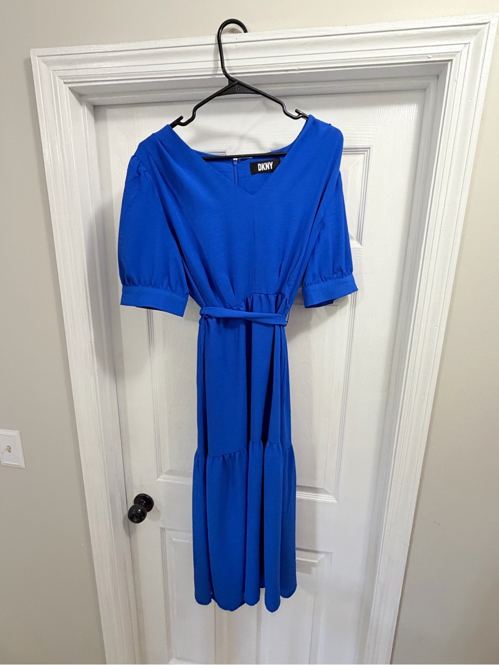 DKNY Cobalt V-Neck Midi Dress with Tie Waist